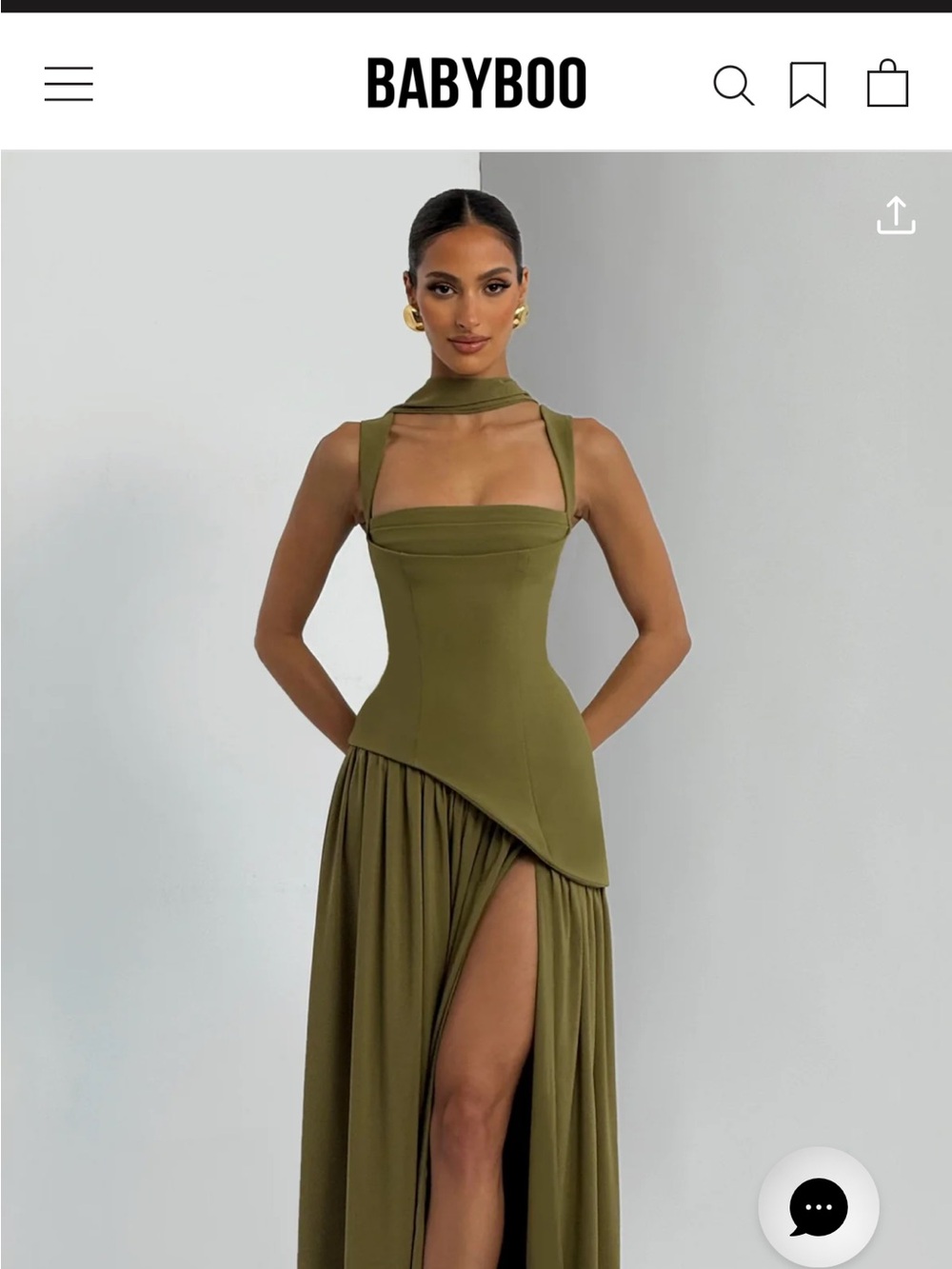 Babyboo (S) Olive Green Asymmetric Gown with Scarf Neck
